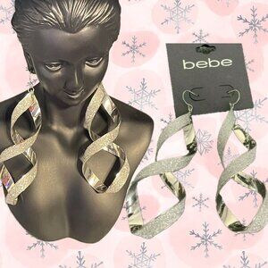 Bebe XL Sparkle & Polished Silver Twisted Linear Dangle French Wire Earrings
